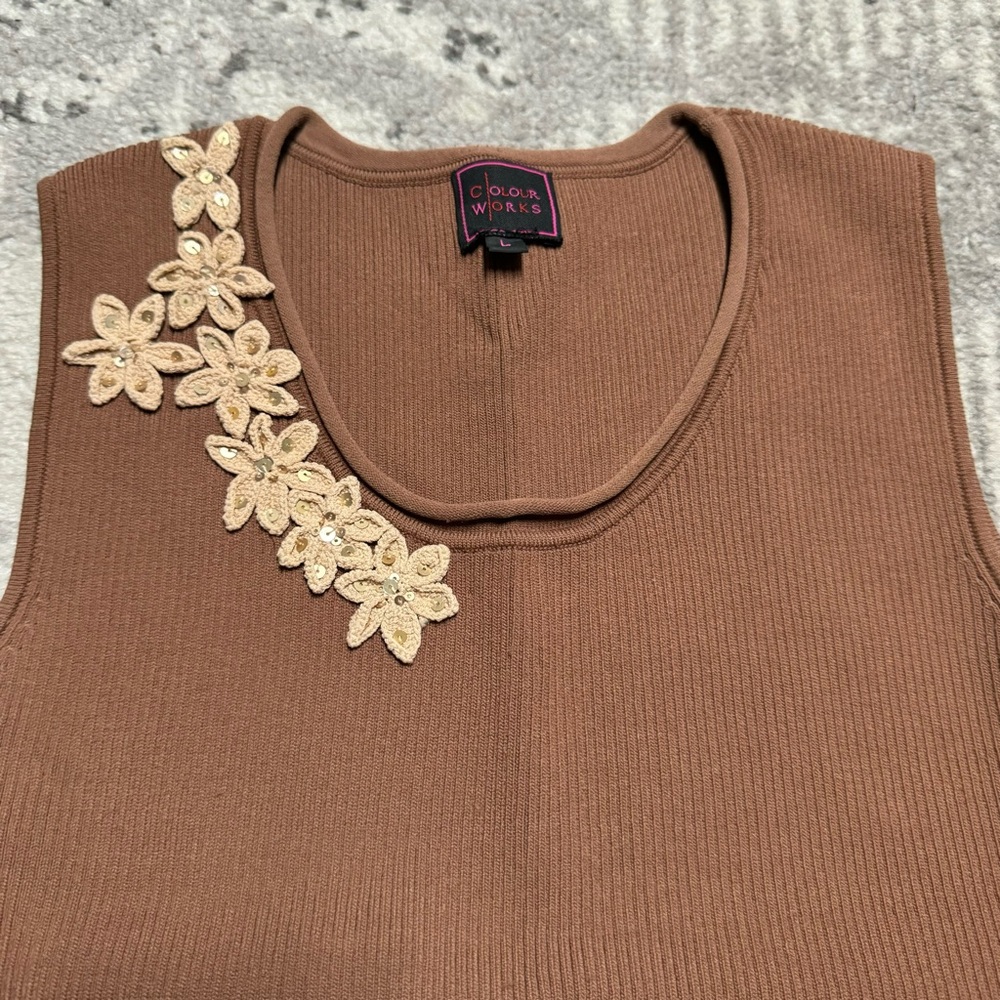 Color Works Brown Floral Sequin Embroidered Ribbed Compression Tank - Picture 6 of 7
